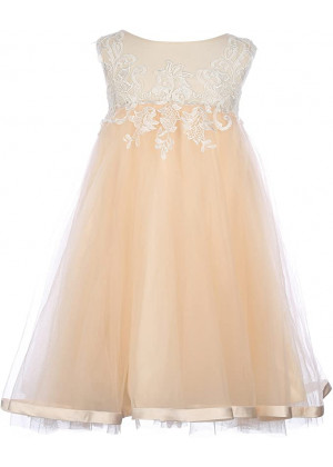 Ivory Lace Champagne Tulle Slit Back Boho Beach Flower Girl Dress